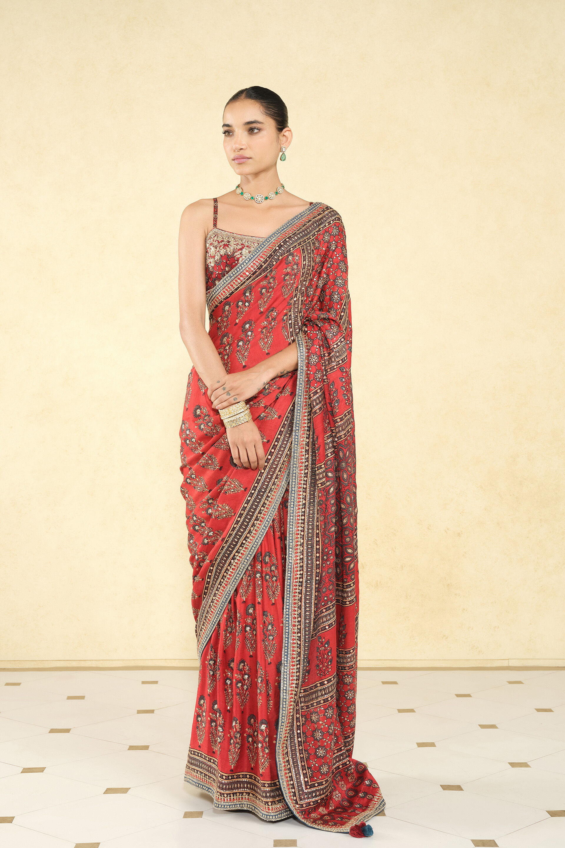 Saaj Ajrakh Hand-block Printed Silk Saree - Red
